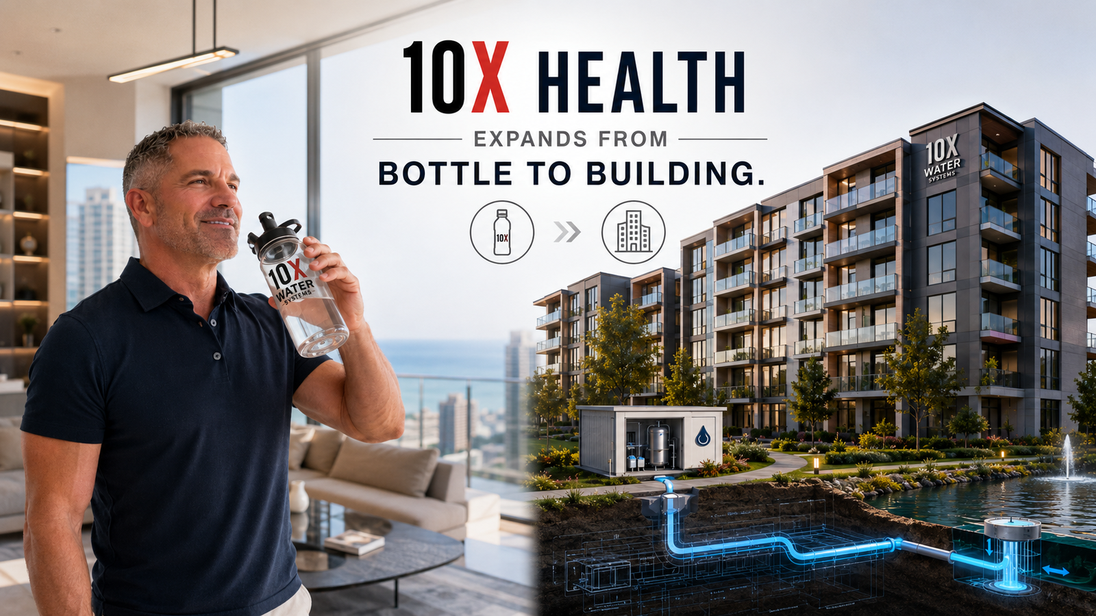10X Health expands from bottle to building visual showing a resident, bottle, building, and water infrastructure