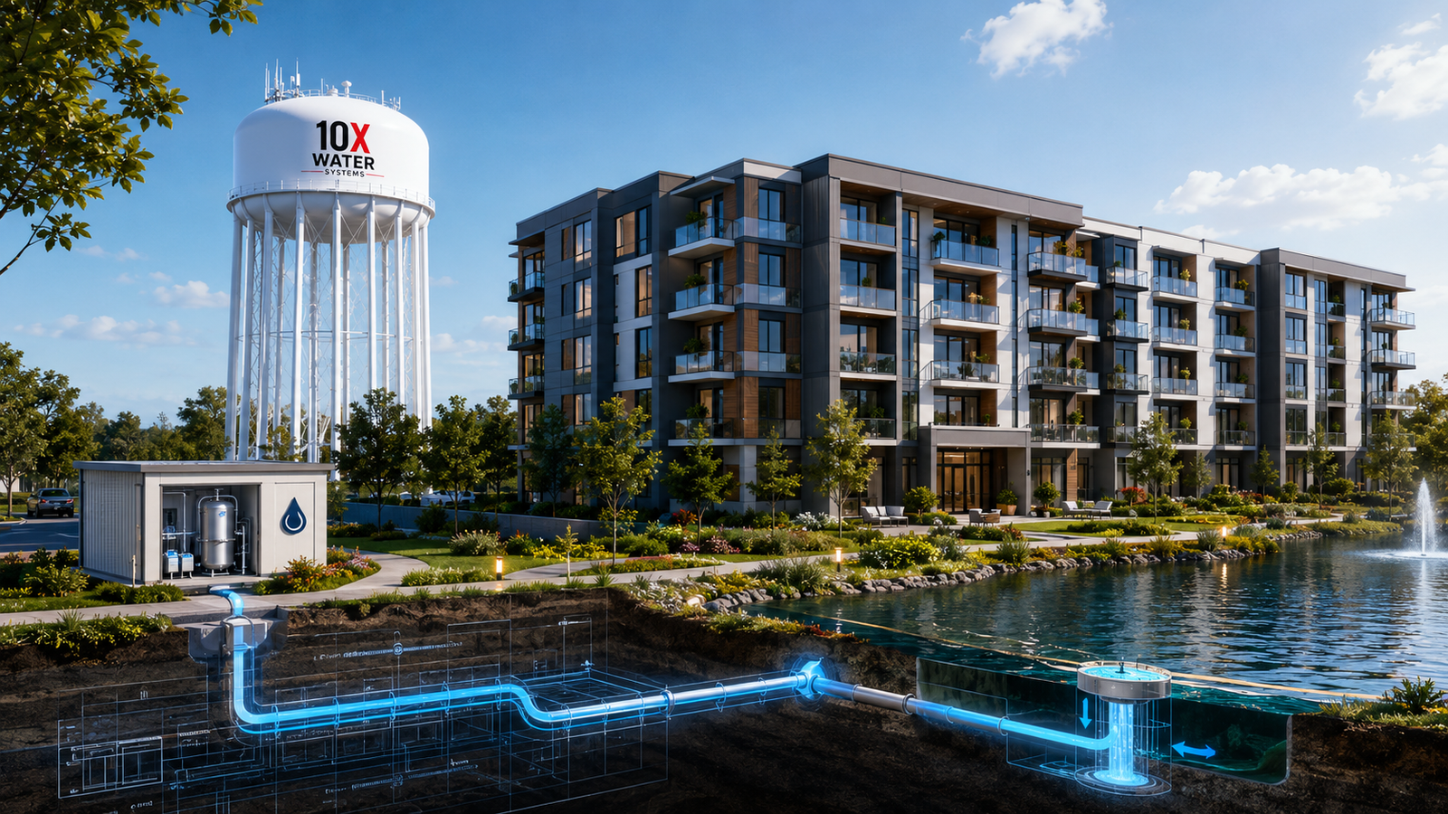 Modern 10X multifamily building connected to visible 10X water infrastructure and underground water flow lines