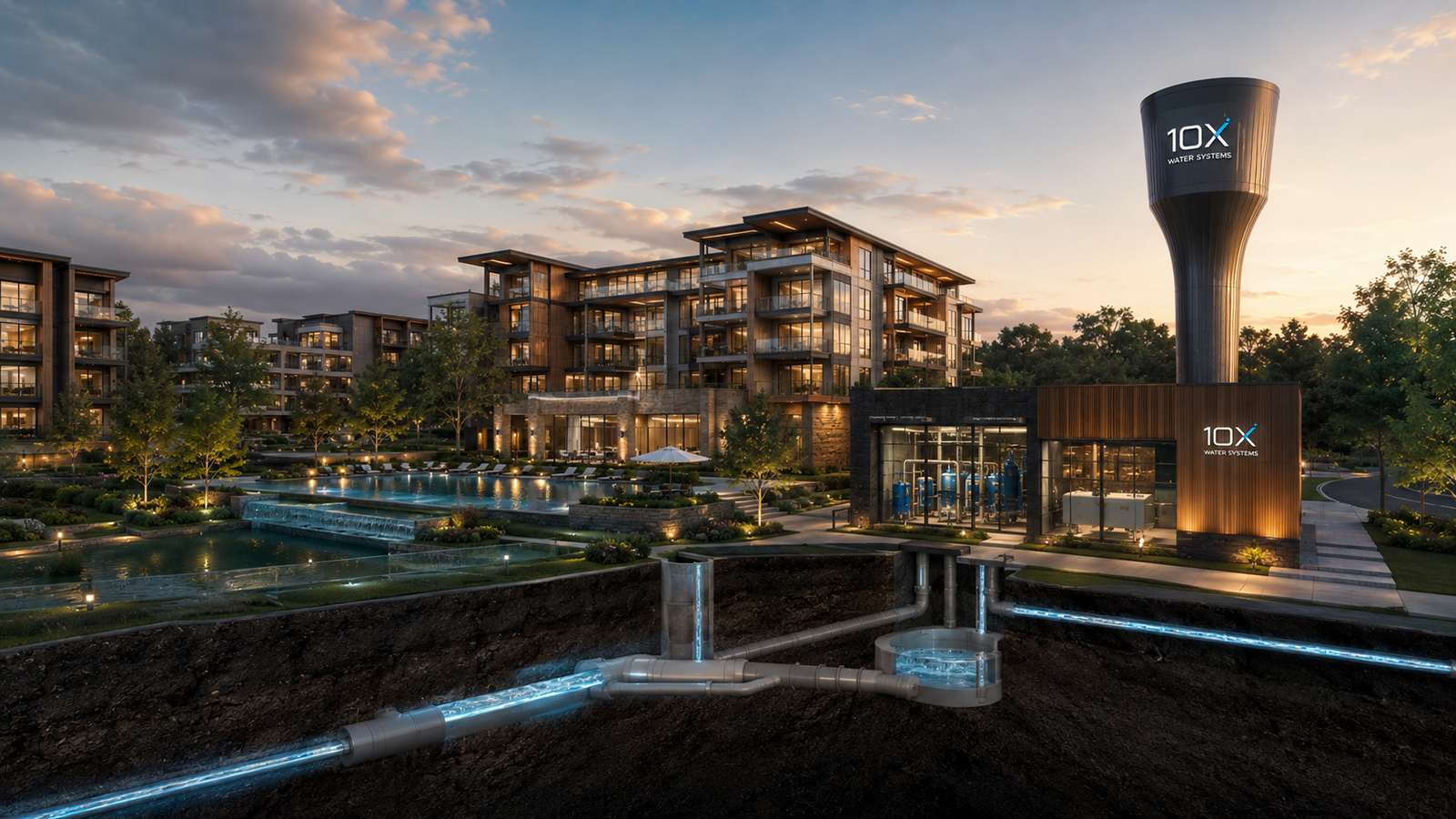 10X Water Systems community with branded water tower, treatment annex, and visible underground infrastructure