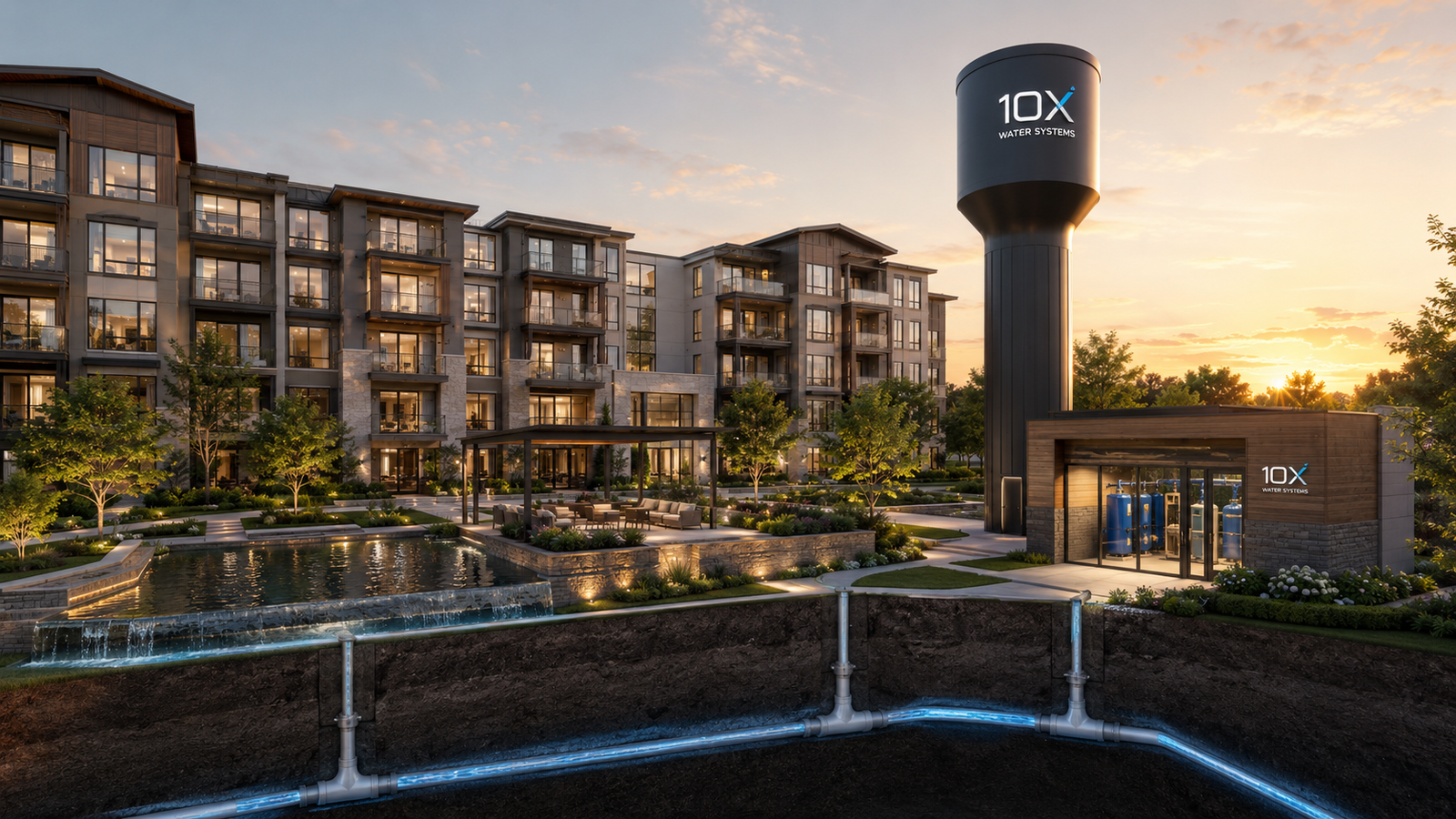 10X Water Systems luxury community at golden hour with a branded water tower, treatment annex, landscaped courtyard, and visible underground water infrastructure