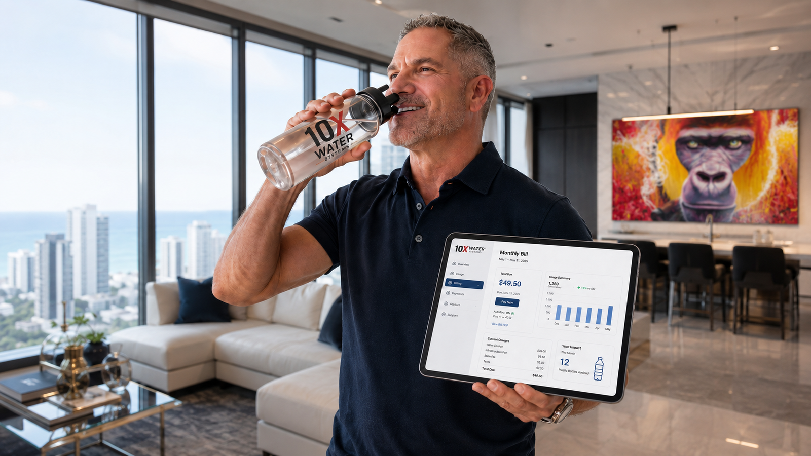 Grant drinking 10X Water while checking the 10X billing app on a tablet