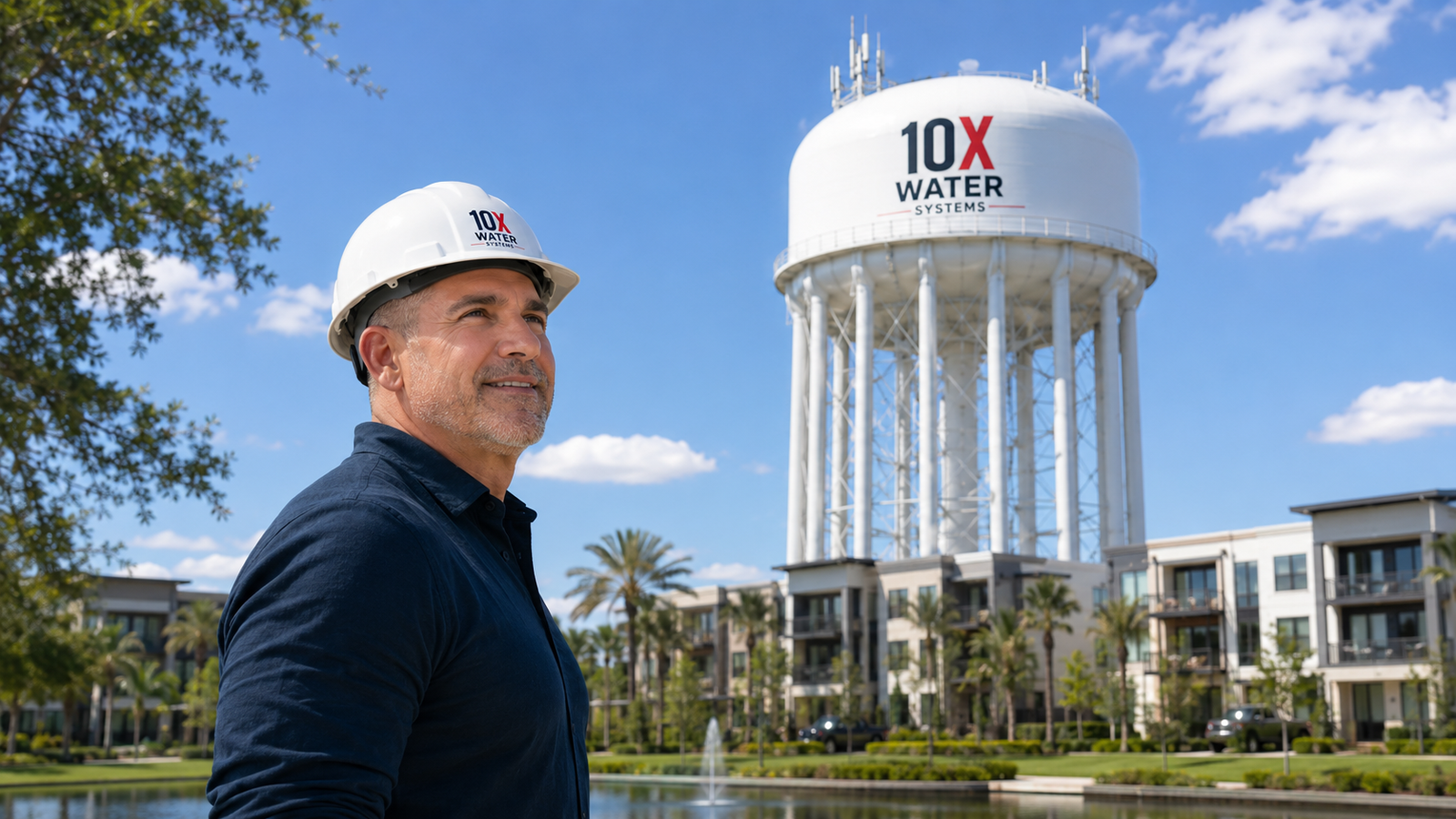 Grant wearing a 10X Water construction hard hat looking at a 10X Water Systems tower beside a luxury multifamily property