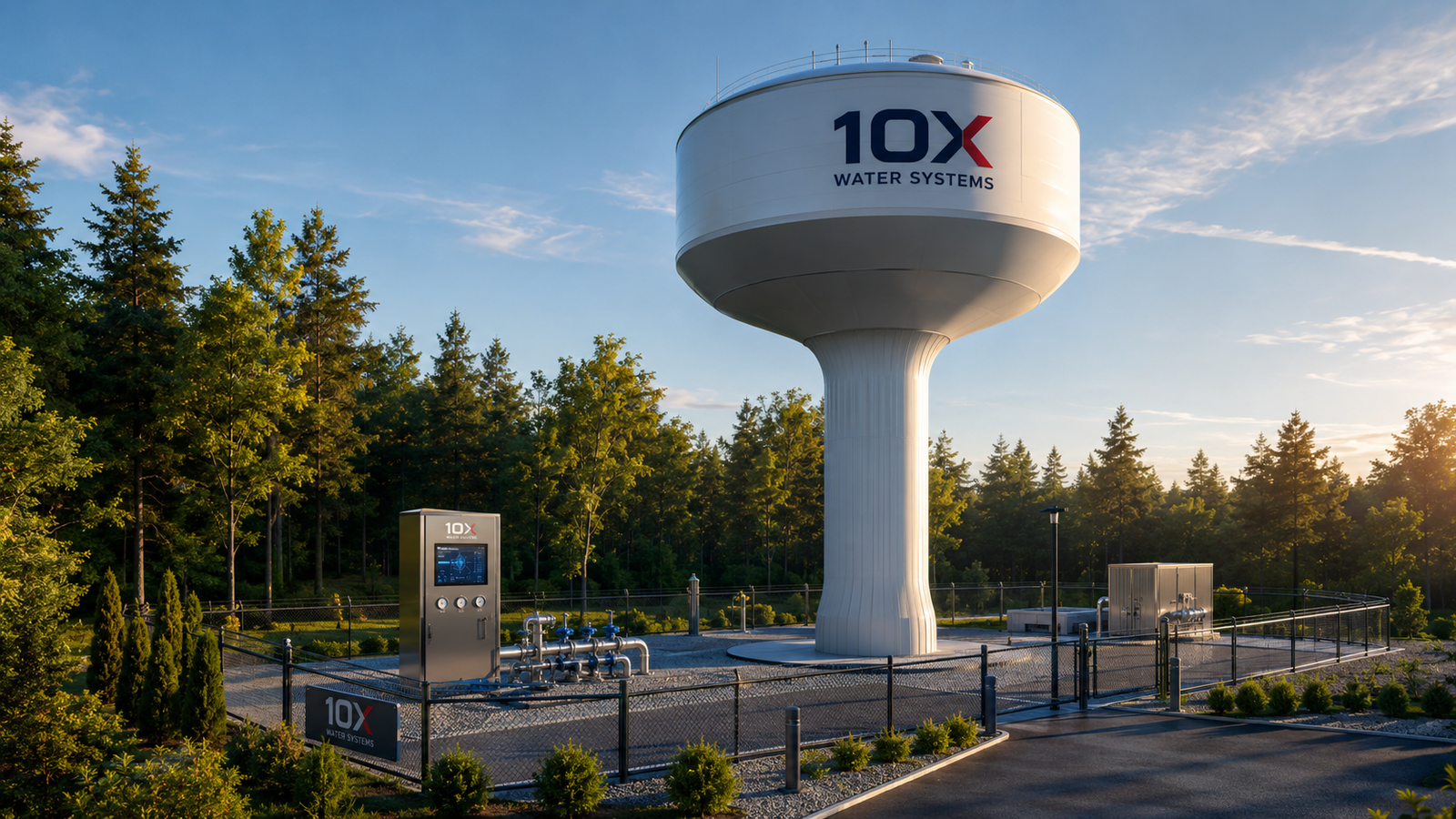 10X Water Systems hydropillar tower with control panel, fenced property, well maintained grounds, and surrounding forest
