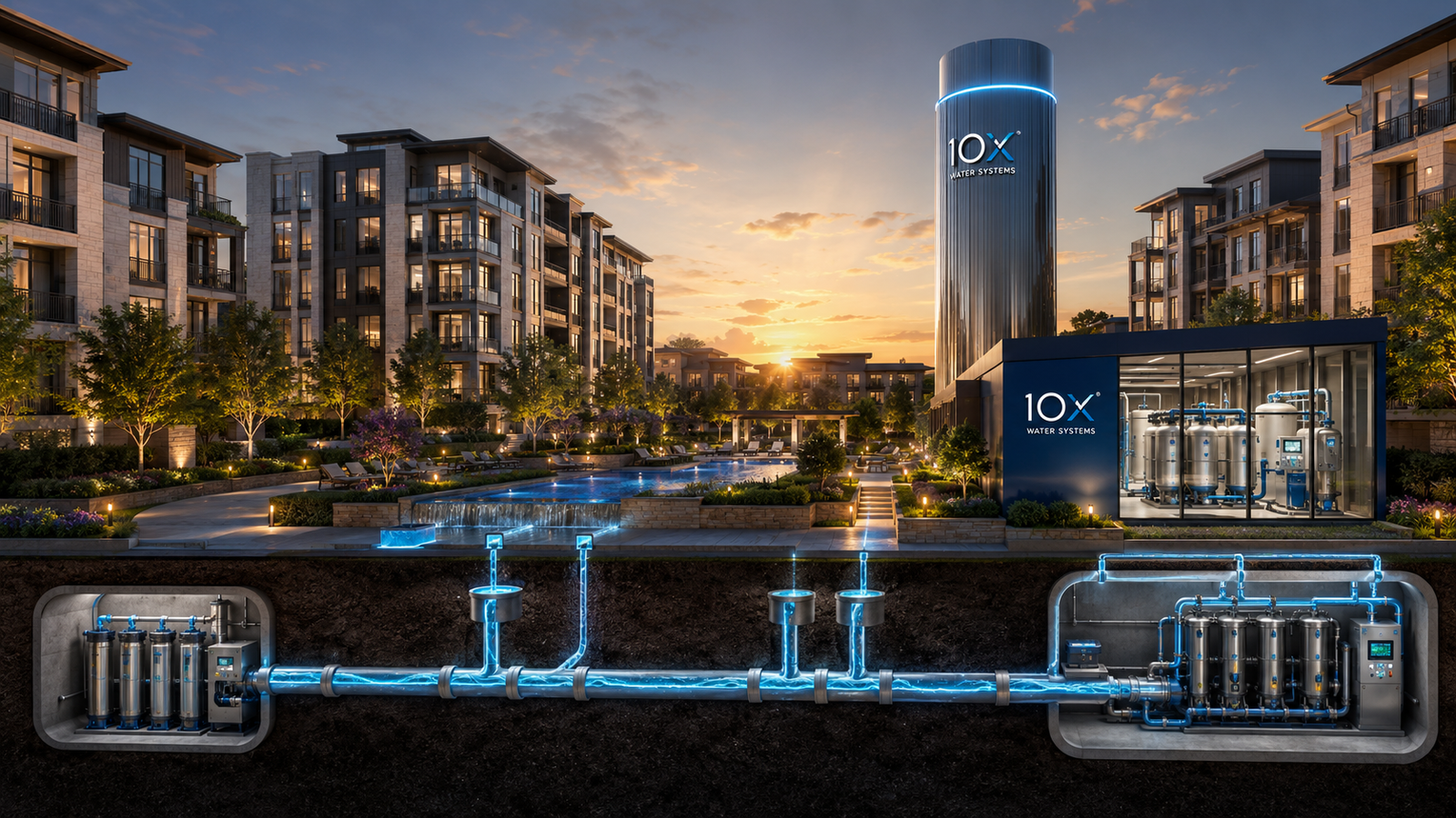 10X Water Systems integrated luxury community with hydropillar, treatment building, visible water infrastructure, and premium multifamily assets