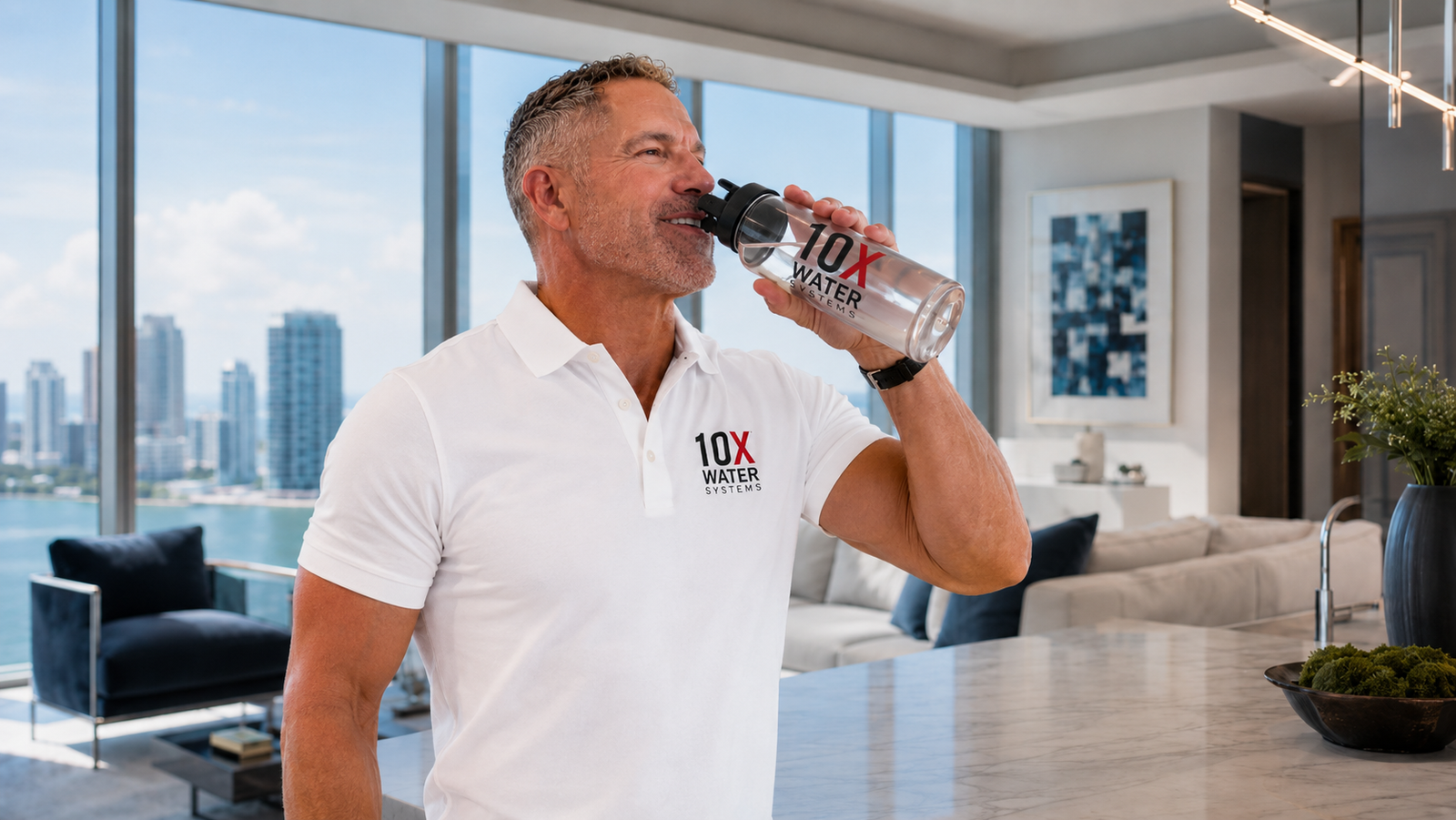 Grant in a luxury apartment wearing a white 10X Water Systems polo, drinking from a 10X Water bottle and appreciating the water experience