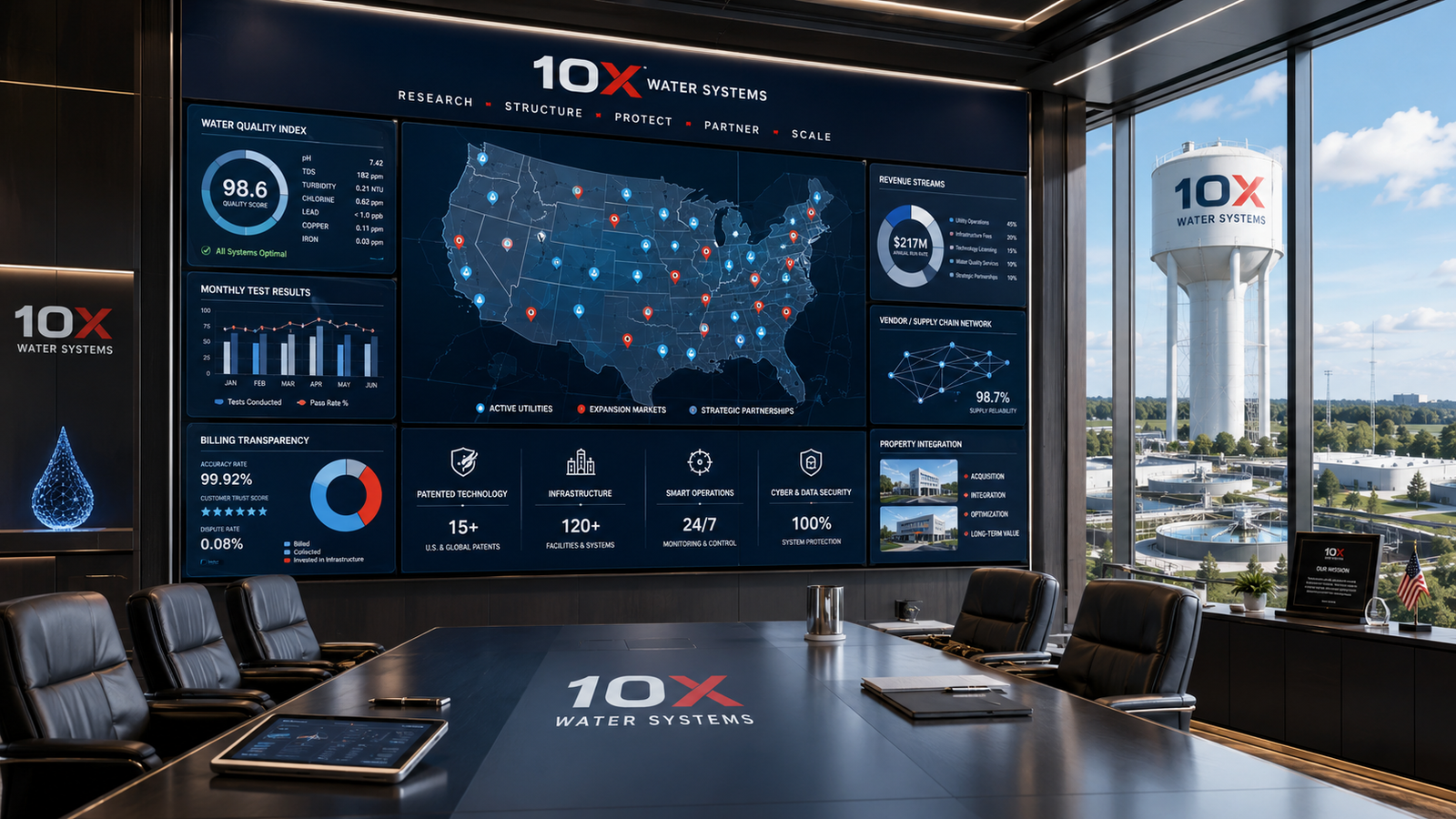 10X Water Systems executive dashboard for assets, revenue, customer accounts and quality status