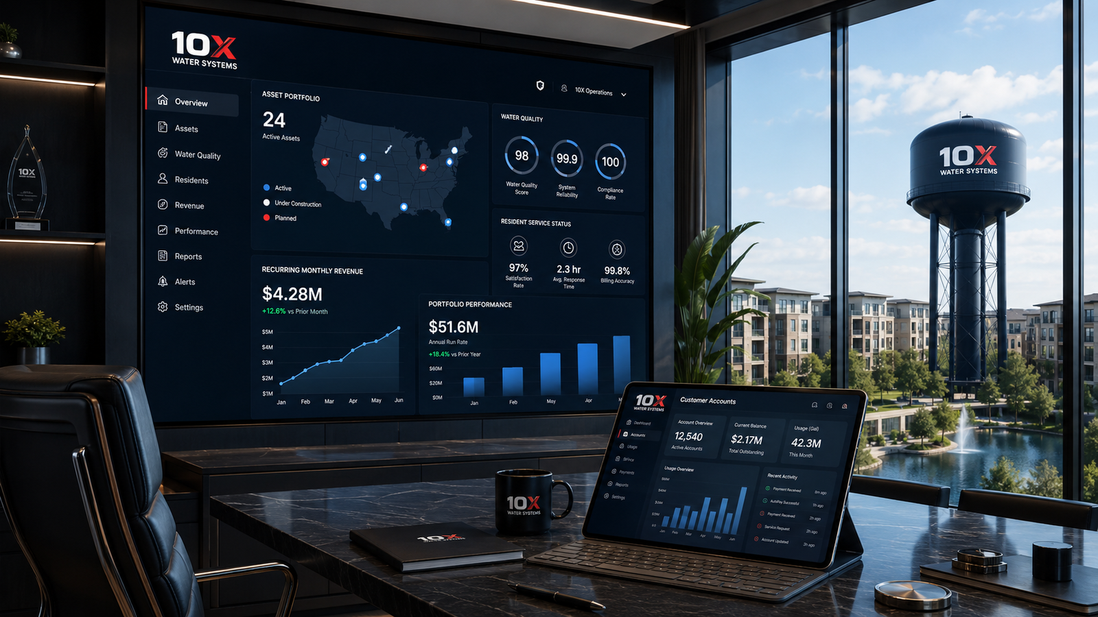 10X Water Systems executive operations office with a live portfolio dashboard, customer account analytics, and a branded water tower visible outside