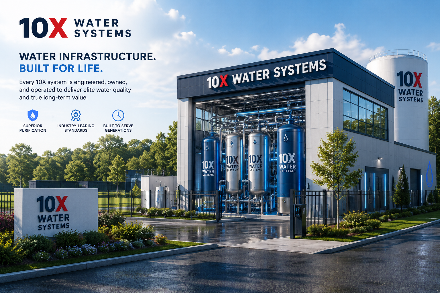 Branded 10X Water Systems treatment facility exterior with visible filtration systems, landscaped grounds, and premium utility presentation