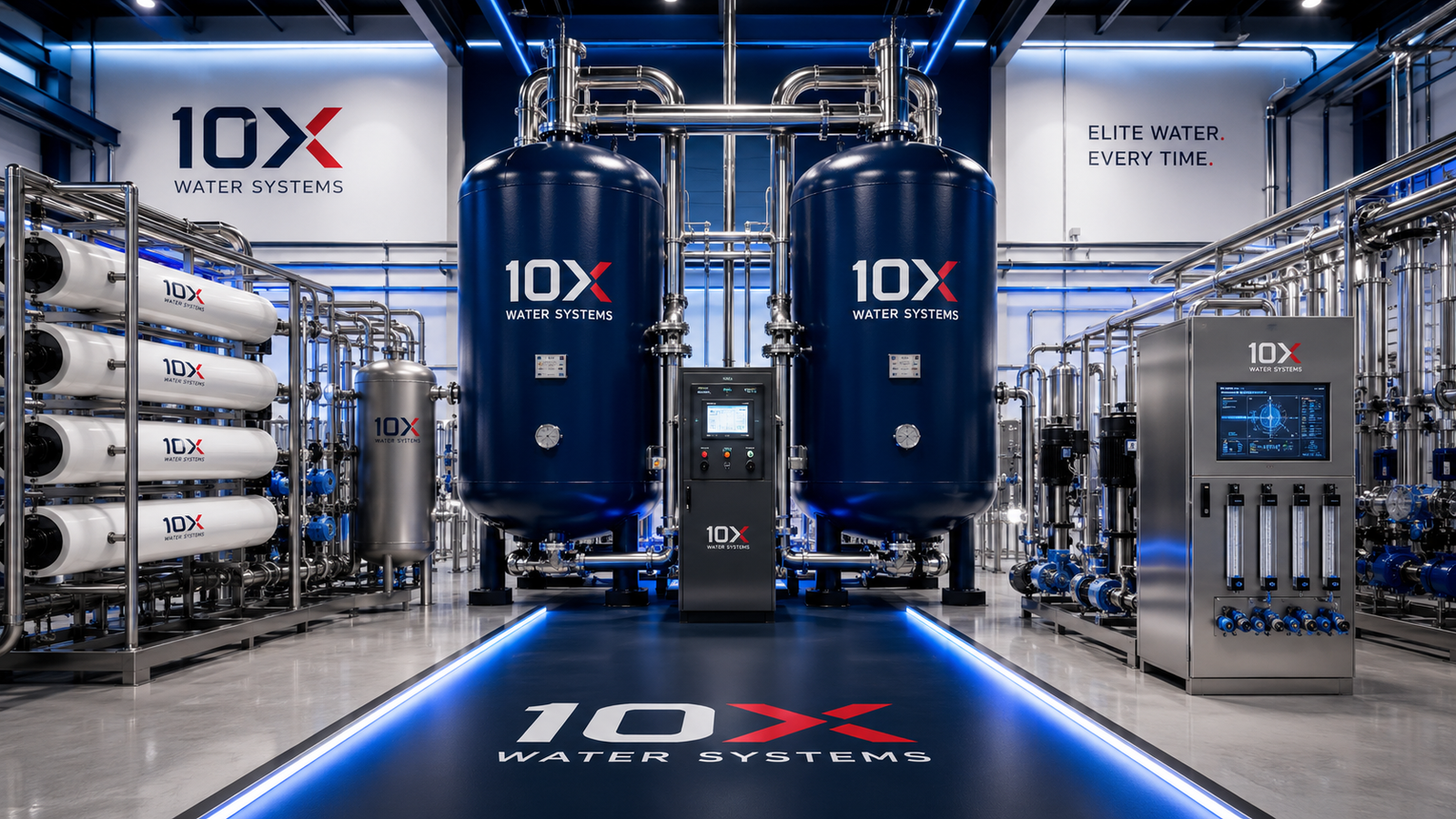 10X Water Systems premium water treatment room with branded filtration units